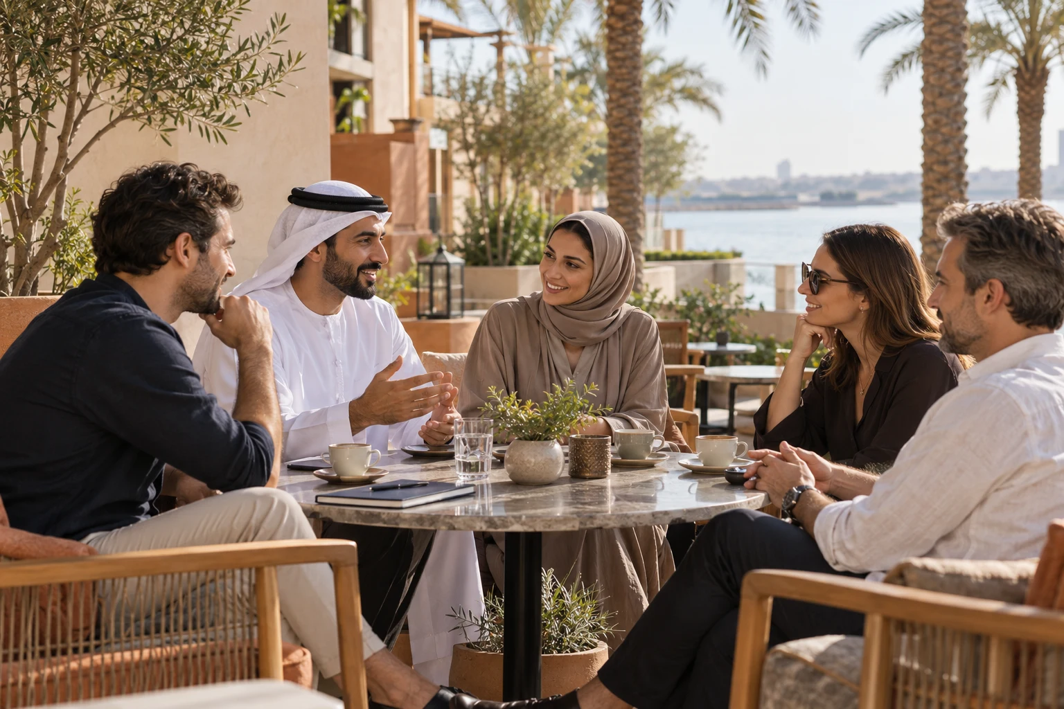 Illustration of founders sharing a breakfast conversation in Abu Dhabi